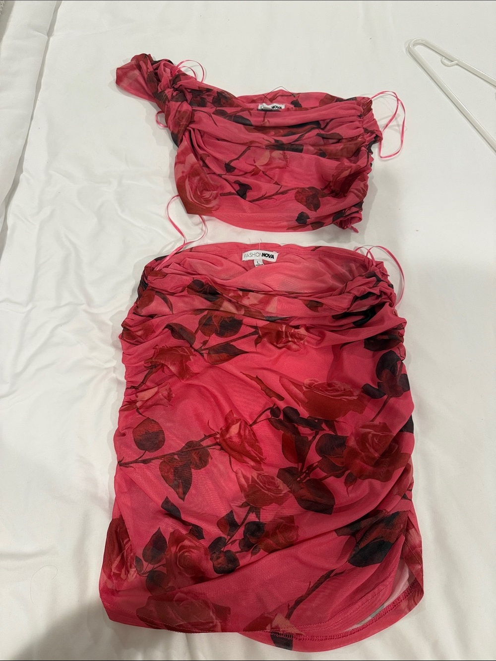 Fashion Nova Red-Pink Floral Mesh Bandeau Two-Piece Set